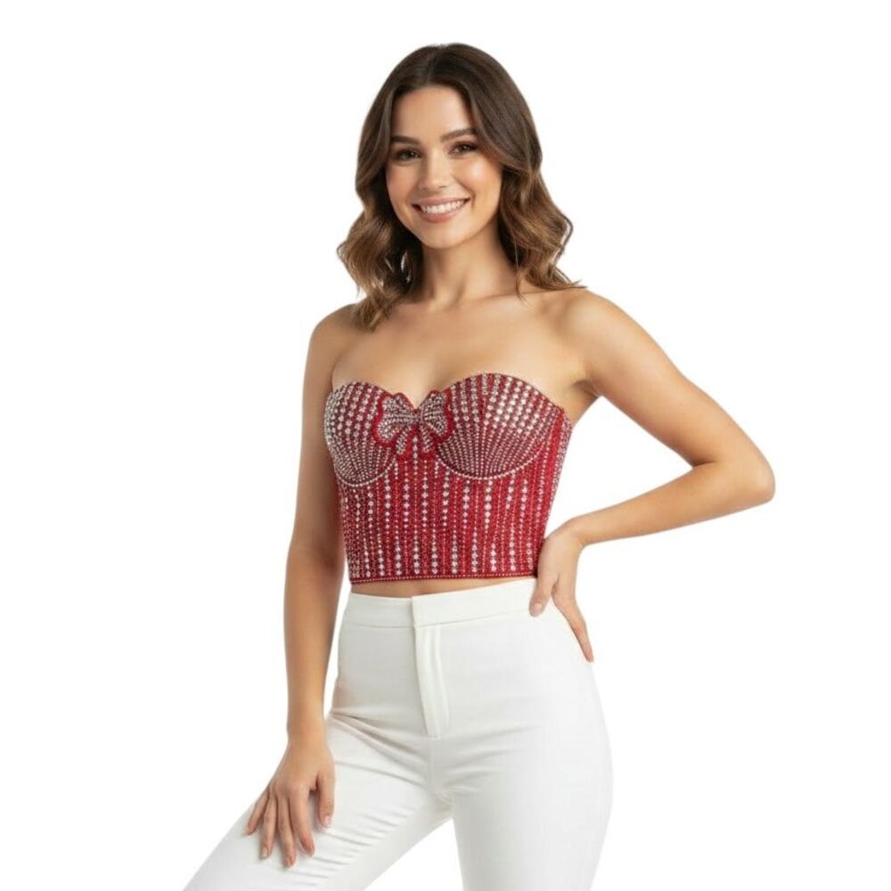 Victoria's Secret Red Satin Luxe Crystal Embellished BowLong Line Bra Top, S